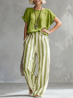 ✨⏰LAST DAY SAVE 49% ⏰Cozy Loose-fit Striped Cotton-linen Two-piece Set