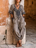 Women's Placement-print V-neck Short-sleeve Casual Loose Cotton-linen Wide-leg Jumpsuit