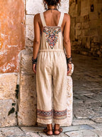 Women's Casual Loose-fit Wide-leg Cotton-linen Jumpsuit With V-neck And Placement Print