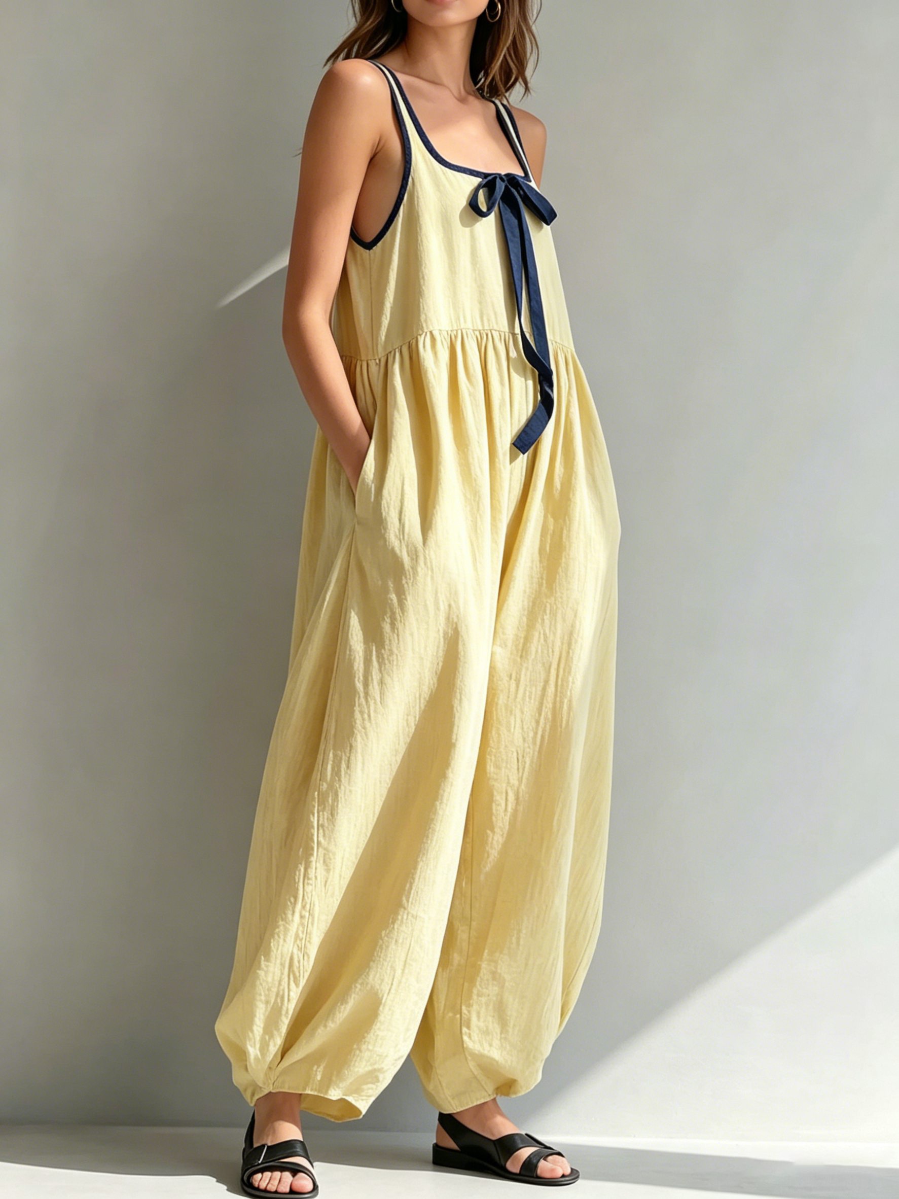 Women's Yellow Contrast Tie Harem Jumpsuit