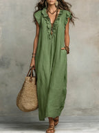 🌷Flowy Ruffle V-Neck Maxi Dress – Elegant, Slimming & Effortlessly Chic