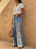Women's Lace Side-Panel Wide-Leg Jeans