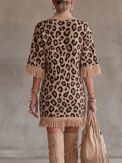 Bold Leopard Thin Knit Fringed Mock-Neck Sweater Dress