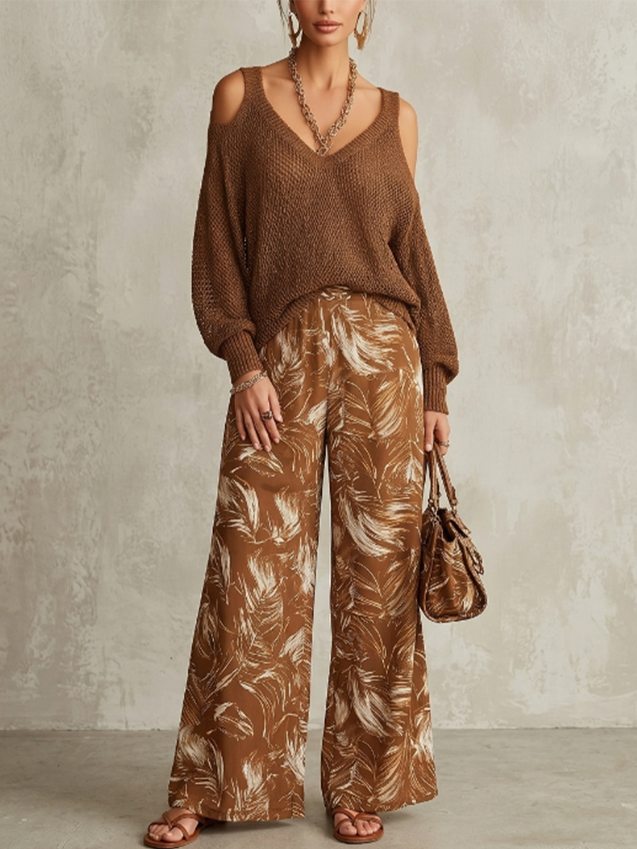 Vintage Resort Solid Hollow One Cutout Shoulder Knit Top Brown Feather Print Flow Wide Leg Co-ord Set