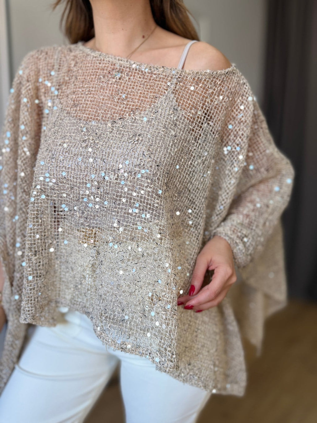 💝💝Women's Off-shoulder Irregular Hem Sequined Mesh Party Top