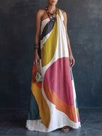 Cotton-linen One-shoulder Maxi Dress With Colorful Artistic Graphic Print