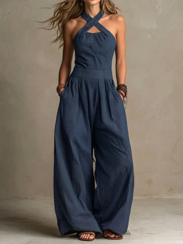 ✨⏰Women's Cross-neck Halter Design Cotton-linen Jumpsuit