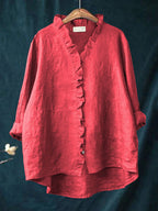 Women's Linen Blend Ruffle V-Neck Blouse