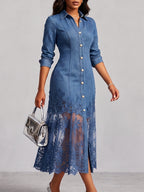 Elegant Sophisticated Denim Dress With A Lace Hem