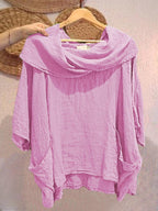 Women's Solid-color Cowl Neck 3/4 Sleeve Casual Loose Cotton-linen Top