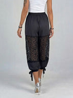 Lightweight Satin Cropped Harem Pants With Star-patterned Lace Inserts