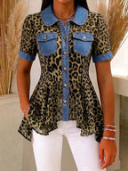 Women's Leopard Print Peter Pan Collar Short-sleeve Casual Loose Denim Cardigan With Chiffon Panels