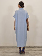 Casual Cotton Midi Shirt Dress With Crystal Button Embellishment