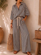 📦📦LAST DAY SAVE 49% ⏰Women's Striped Print Cotton-linen Set: Loose-fit Top With Lapel & 3/4 Sleeves, And High-waisted Wide-leg Pants