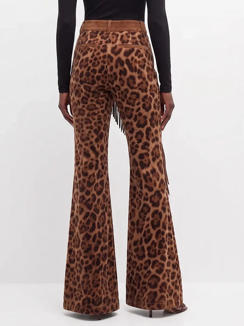 Bold Leopard Print Asymmetrical Fringe Flared Pants