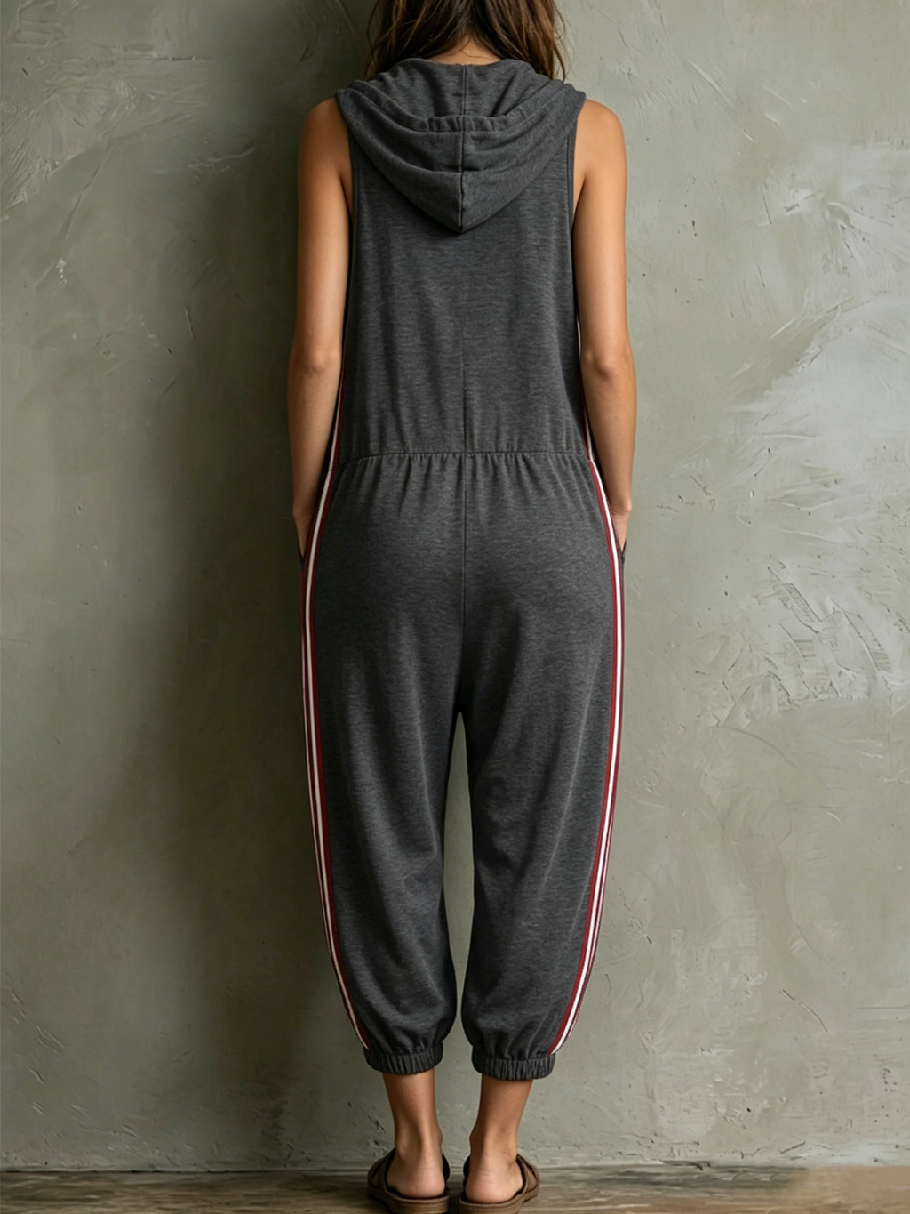 Casual Sports Sleeveless Hood V-neck Button Front Contrast Side Stripe Multi-pocket Loose Cargo Jumpsuit