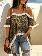 Women's Vintage Leopard Lace Off Shoulder Irregular Hem Top
