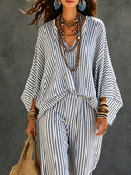 Women's Striped Art Casual Long Sleeve Top And Pants Cotton And Linen Two-piece Set