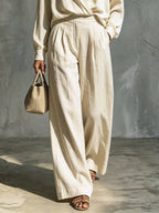 Women's V-Neck Art Casual Top And Pants Cotton And Linen Two-piece Set