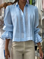 Women's Solid Color Long-sleeve Cotton-linen Blouse With Shirt Collar And Pleated Detail (loose Fit)