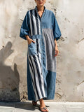 Washed Denim Multi-stripe Splice Stand Collar Lantern Long Sleeve Full Button Loose Maxi Shirt Dress