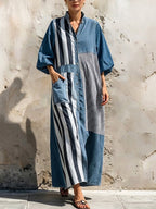 Washed Denim Multi-stripe Splice Stand Collar Lantern Long Sleeve Full Button Loose Maxi Shirt Dress