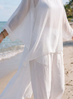 Womens Sheer Batwing Flowy Top & Wide Leg Pants Cotton Linen Two Piece Set
