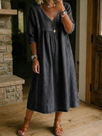 Casual Loose-fitting Denim Dress With Lace Trim