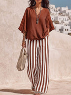 Mediterranean Resort Textured Linen Solid V-neck Flare Sleeve Top Contrast Vertical Stripe Flow Wide Leg Co-ord Set
