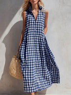 Women's Plaid-print V-neck Sleeveless Casual Loose Cotton-linen Dress