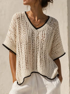 Classic Contrast-trimmed Open Knit V-neck Top
