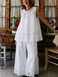 Womens Braided Neck Eyelet Embroidery Sleeveless Cotton Linen Two Piece Pant Set