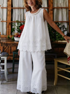 Womens Braided Neck Eyelet Embroidery Sleeveless Cotton Linen Two Piece Pant Set