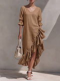 Women's Solid-color V-neck 3/4 Sleeve Casual Loose Cotton-linen Dress With Ruffle Details