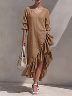 Women's Solid-color V-neck 3/4 Sleeve Casual Loose Cotton-linen Dress With Ruffle Details