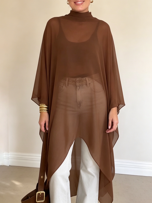 Elegant Mock-neck Asymmetrical Chiffon Cape Top