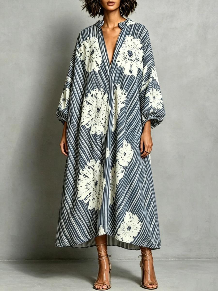 Women's Striped Floral Pattern Art Casual Stylish Long Sleeve Cotton Linen Dress