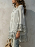 Women's Solid-Color Lace Flare-Sleeve Loose Long Top