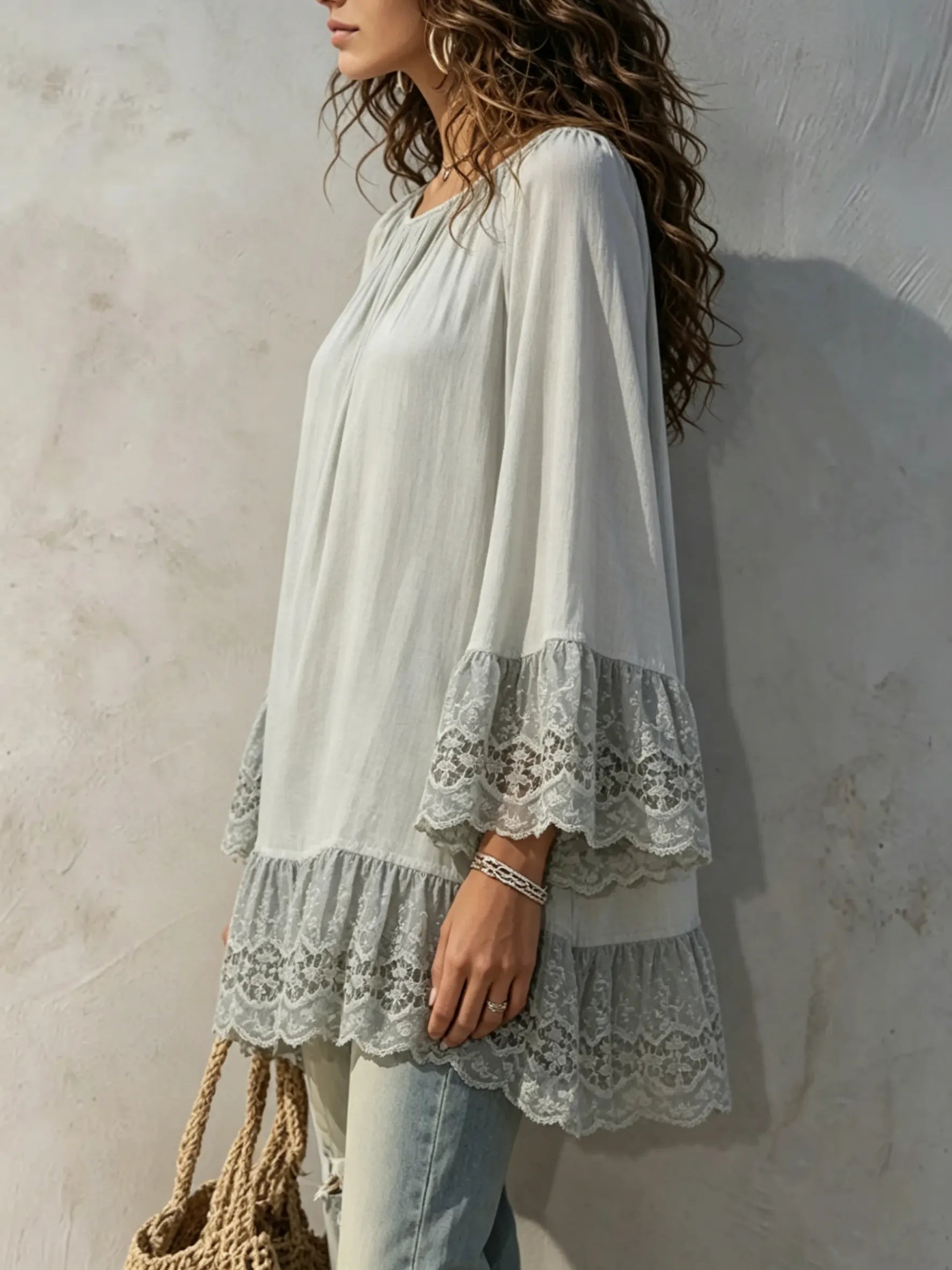 Women's Solid-Color Lace Flare-Sleeve Loose Long Top