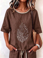 Women's Casual Loose-fit Cotton-linen Top With Placement Embroidery, Crew Neck, And 3/4 Sleeves With Drawstring Detail