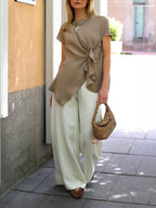 Cozy And Casual Linen-blend Pleated Top And Trousers Two-piece Set