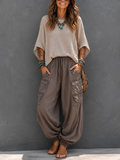 Casual & Cozy Two-piece Set: Waffle-knit Cotton Top And Cotton Cargo Pants