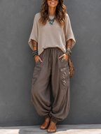 Casual & Cozy Two-piece Set: Waffle-knit Cotton Top And Cotton Cargo Pants