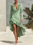 Washed Denim Long-sleeve Dress Featuring A V-neck, Ruffle Details, And An Asymmetrical Hem (shorter In Front, Longer In Back)