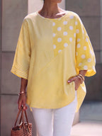 Sunny Yellow Striped And Polka-dot Patchwork Cotton-linen Top