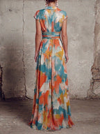Linen-cotton Dress With Side-tie Waist And Artistic Brushstroke Print