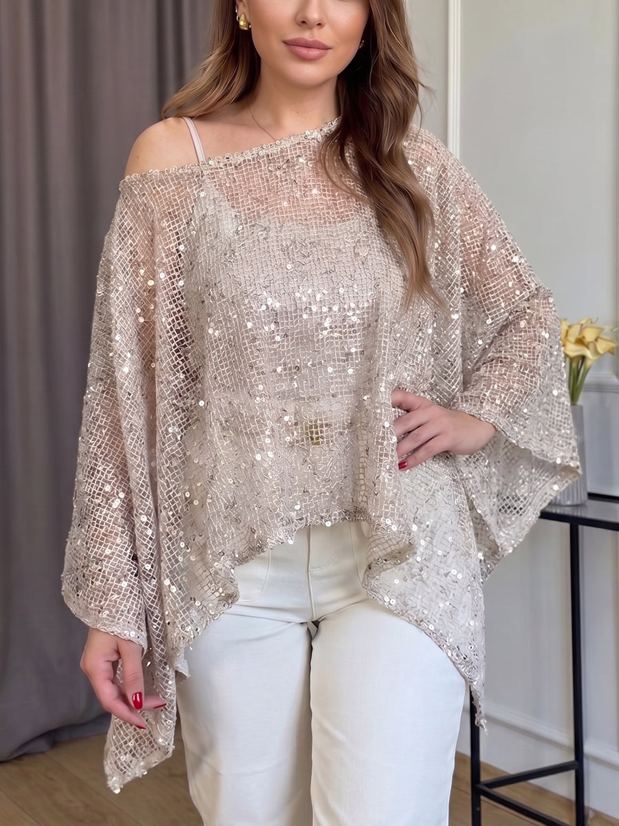 💝💝Women's Off-shoulder Irregular Hem Sequined Mesh Party Top
