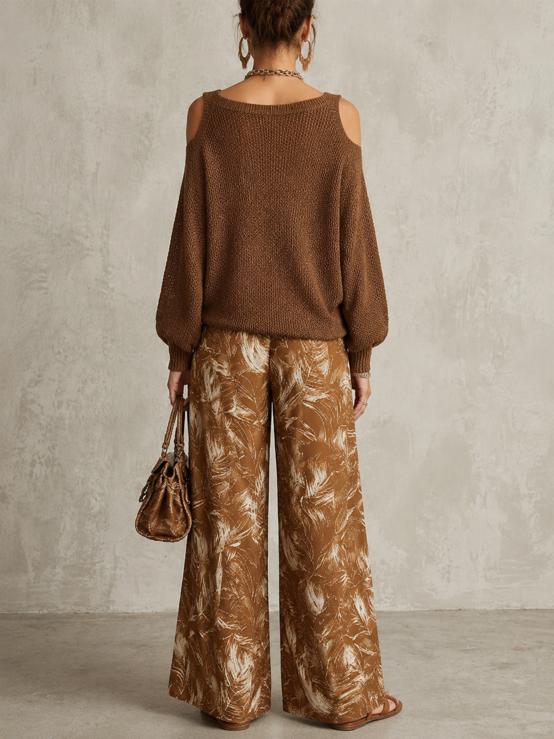 Vintage Resort Solid Hollow One Cutout Shoulder Knit Top Brown Feather Print Flow Wide Leg Co-ord Set