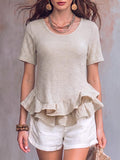 Women's Solid-color Crew Neck Short-sleeve Casual Loose Cotton-linen Top