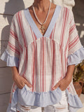 Vintage Art Comfortable Summer Fabrics Cotton Linen Blend Contrasting Stripes Shirt